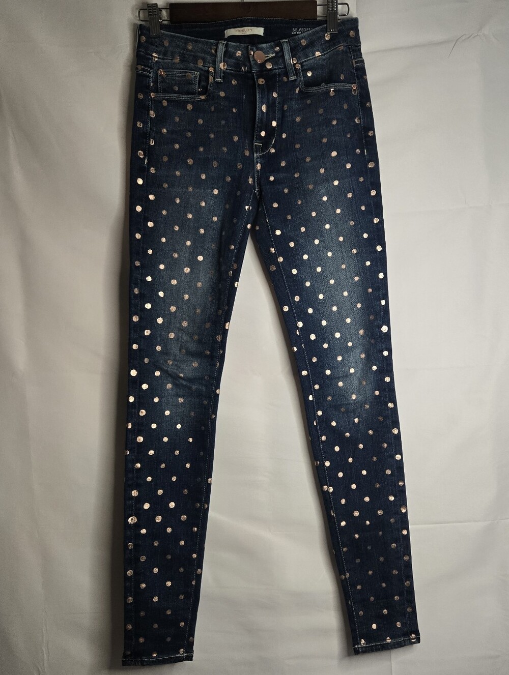 Fidelity Women's Belvedere mid rise ultra slim dark wash denim Rose gold dots 24